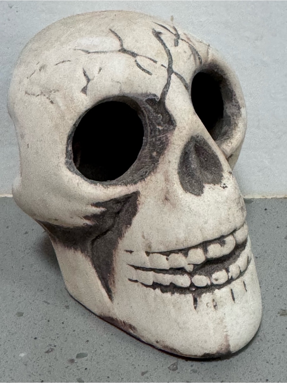 Vintage Handcrafted Ceramic Skull Aquarium Ornament — Signed Folk Art Betta Hide